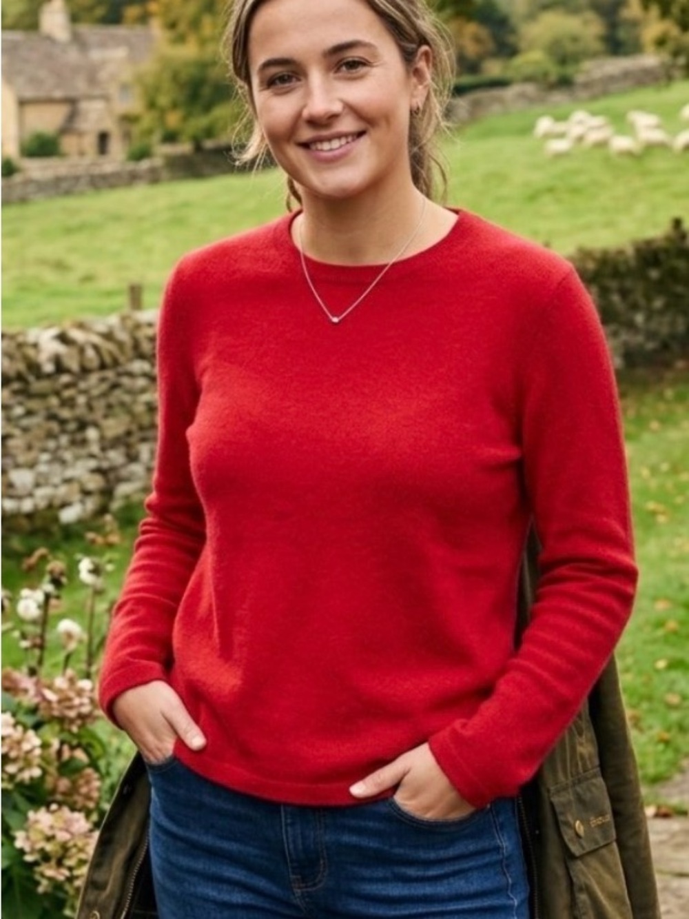 Lands End Red 100% Cashmere Crewneck Sweater Size Large Petite